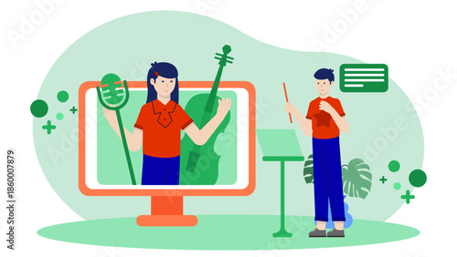 Virtual Orchestra Performing a Synchronized Concert. Flat Vector Illustration