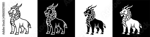 Stylized Kirin mythical creature line art and solid icon illustration