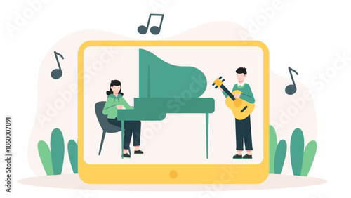 Virtual Orchestra Performing a Synchronized Concert. Flat Vector Illustration