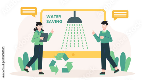 Sustainable Company Developing Water-Saving Shower Systems. Flat Vector Illustration