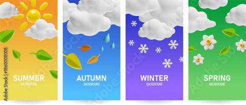 Weather forecast widget with various seasons 3D design, winter, summer, spring and autumn, sunny rainy, snow meteorology