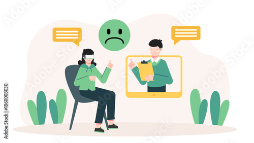 VR Used for Treating Post-Traumatic Stress Disorder. Flat Vector Illustration