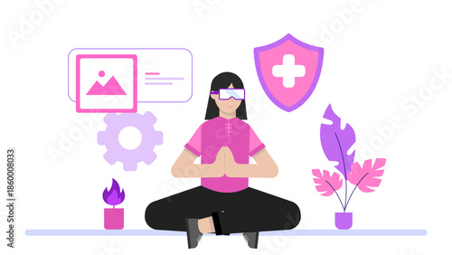 VR Used for Treating Post-Traumatic Stress Disorder. Flat Vector Illustration
