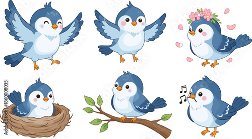 Cute blue bird character vector set featuring flying singing nesting and sitting poses with spring flowers and tree branch isolated on white.