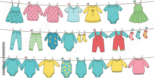 Cute baby clothes vector set featuring colorful dresses onesies sweaters and socks hanging on a clothesline isolated on white background for nursery design.