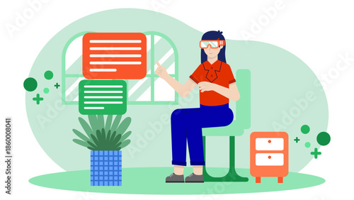 VR Used for Treating Post-Traumatic Stress Disorder. Flat Vector Illustration