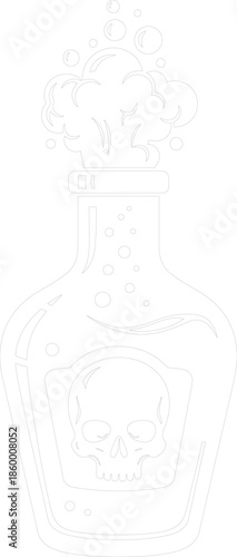 Outline Vector Illustration of Poison Potion Bottle with Skull and Boiling Smoke - Halloween Chemistry Line Art