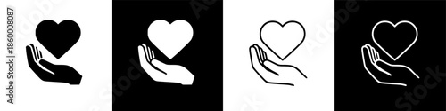 Minimalist graphic icons featuring hands presenting hearts, symbolizing love, care, and generosity.