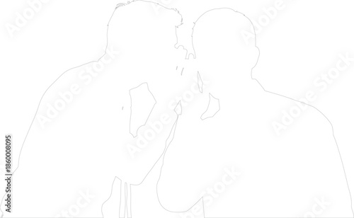 Minimalist Vector Outline Drawing of Two Men Whispering a Secret Conversation
