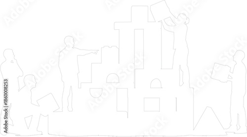 Teamwork and Collaboration Outline Vector Illustration of Business People Building a Tower Structure with Blocks