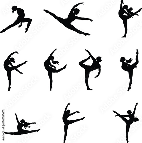 Contemporary dancer silhouette set, ballet jazz dance poses collection, female athletic movement illustration, black artistic performance concept for modern design