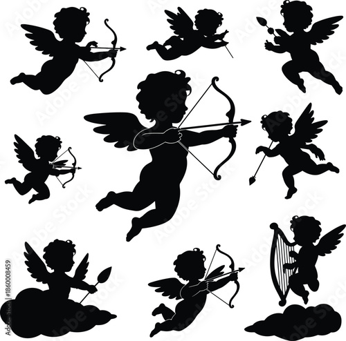Cupid angel silhouette collection illustration, flying cherub with bow arrow harp isolated on white background love theme design