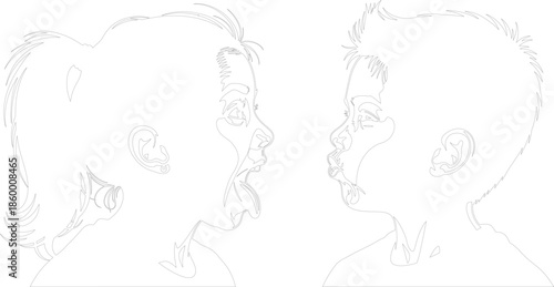 Silhouette profiles of boy and girl teasing each other and sticking out tongue playful rivalry minimalist line art vector graphic