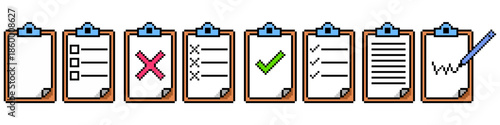 Set of pixel clipboard vector for office games. Ideal for tasks, checklists, surveys, menu UI, and retro work management icons.