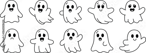 Cute ghost cartoon set illustration, funny spooky characters collection, kawaii halloween doodle icons, simple hand drawn vector art