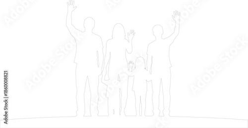 Line art illustration of a family of four waving outline graphic vector design