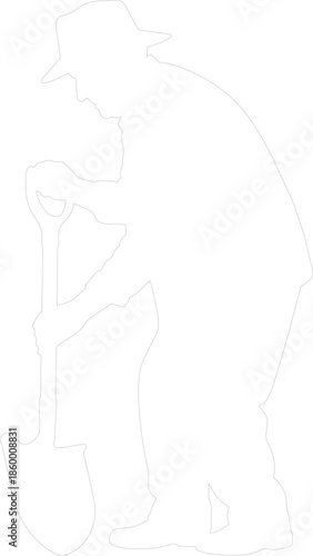 Laborer digging with shovel silhouette Outline vector illustration of a farmer or gardener working hard physical job contour style
