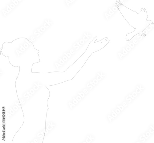 Woman releasing a bird line art silhouette illustration vector graphic