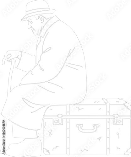 Old Man Sitting on Vintage Trunk with Cane Line Art Vector