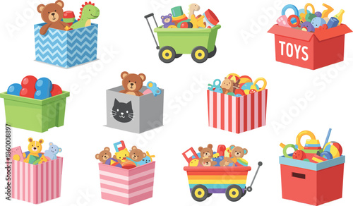 Cute toy box vector set with colorful storage bins wagons and crates filled with teddy bears balls and blocks isolated on white.