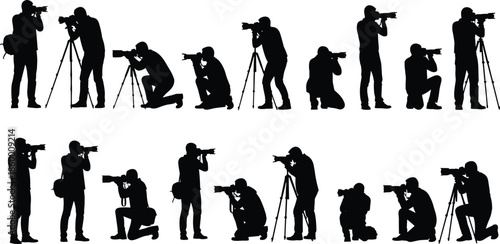 Set of black silhouettes of professional photographers with cameras and tripods in various shooting poses isolated on white background vector.