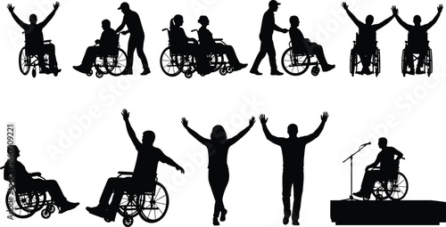 Large vector set of black silhouettes of people in wheelchairs celebrating, being assisted, and giving speeches isolated on white background.