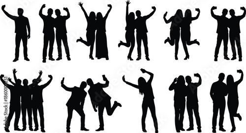 Set of black silhouettes of people and couples taking selfies with smartphones and posing for mobile photos on white background.