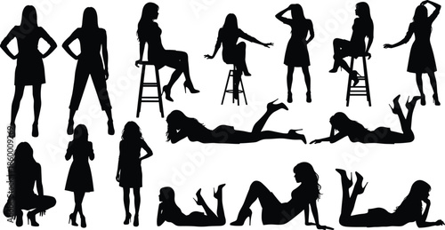 Set of black silhouettes of women in various poses standing sitting and lying down wearing dresses isolated on white background.