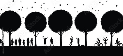 Vector set of black silhouettes of people walking, cycling, and playing in city park with trees and birds on white background.