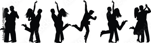 Vector set of black silhouettes of romantic couples dancing, hugging, and jumping for joy during a date isolated on white background.