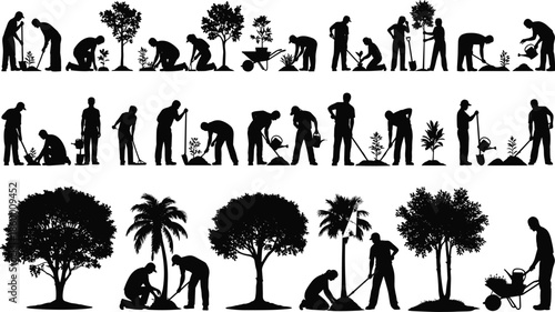 Large vector set of black silhouettes of people gardening, planting trees, digging soil, and using wheelbarrows isolated on white background.