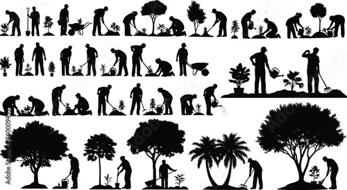 Large vector set of black silhouettes of people gardening, planting trees, watering plants, and using farm tools on white background.