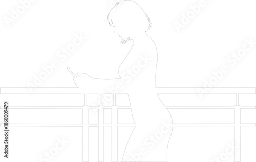 Woman Silhouette Leaning on Railing Using Smartphone Minimalist One Line Drawing Vector