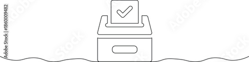A simple line drawing of a ballot box with a checkmark on the lid partially submerged in water