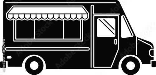 Food truck silhouette vector, mobile kitchen, street food cart, black illustration, serving window, urban snack van, vending vehicle