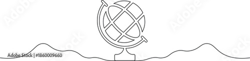 A simple line drawing of a globe sitting on a wavy landscape