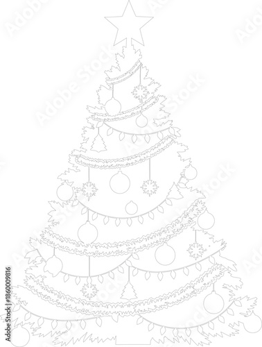 Outline Vector Drawing of Decorated Christmas Tree with Star and Ornaments for Coloring Page