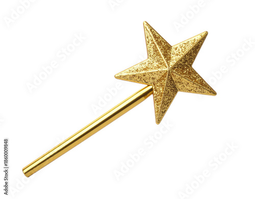 Close-up view of a gold-colored, glitter-covered star-shaped magic wand on black background