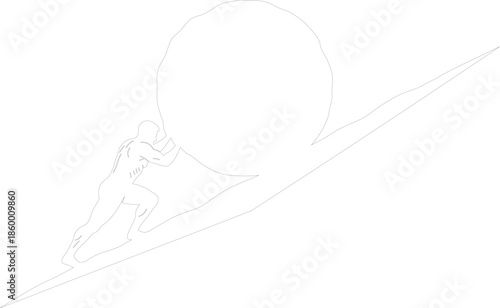 Sisyphean struggle man pushing large boulder up a steep hill minimalist outline vector graphic symbolizing effort and perseverance