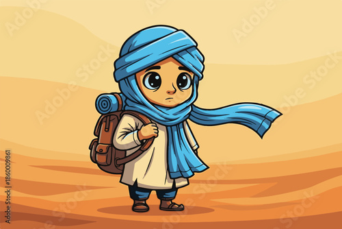 Vector illustration of a 3d cartoon character people set including an astronaut man a stone age woman and a robot girl searching through a desert cave