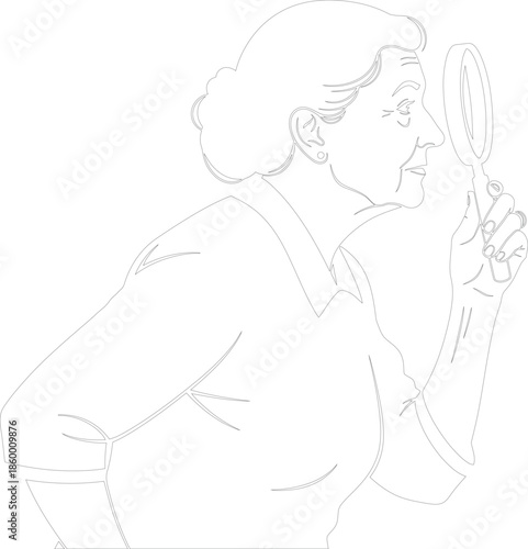 Senior Woman Examining Detail with Magnifying Glass Line Art Outline Vector