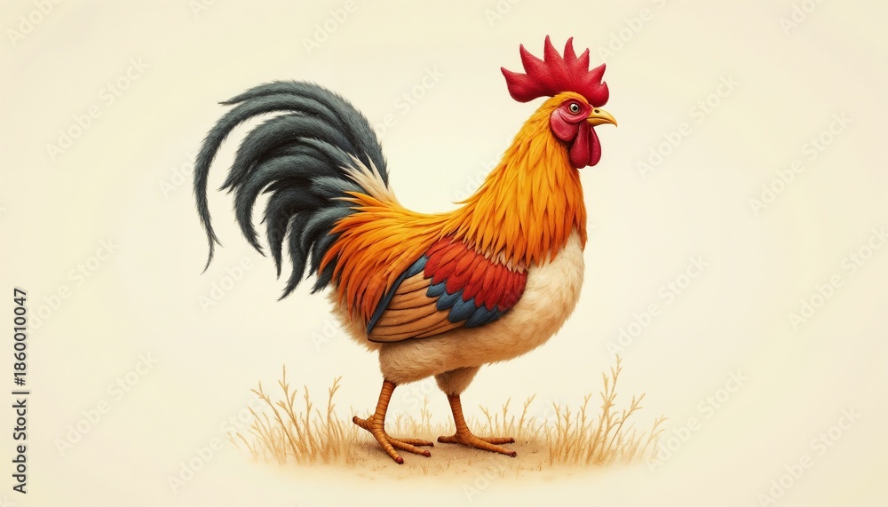 Fototapeta premium 🔹Title Colorful rooster standing proudly on a light beige background with grass 