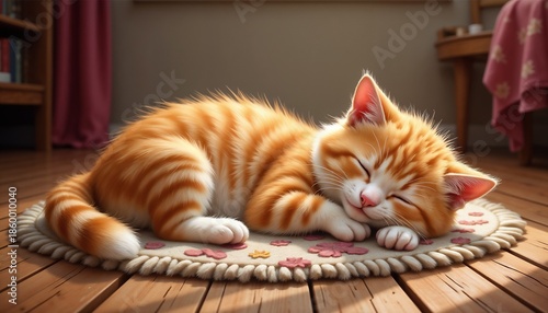 Sweet ginger kitten sleeping on a cozy carpet in a warm indoor setting
