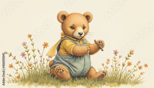 Cute bear cub sitting on a meadow with flowers, wearing a yellow shirt and blue overalls
