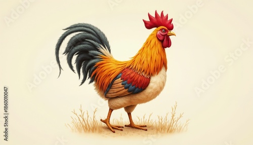 🔹Title
Colorful rooster standing proudly on a light beige background with grass
