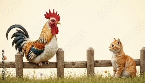Curious kitten watching a colorful rooster perched on a wooden fence in a serene outdoor setting
