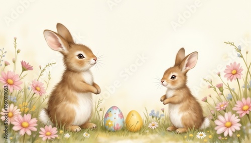Two cute rabbits beside colorful Easter eggs in a flower-filled meadow
