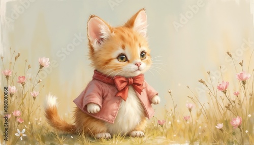 🔹Title
Charming kitten in a pink jacket with a bow standing among flowers in a serene garden
