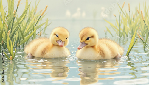 Two fluffy ducklings swimming in calm water surrounded by green grass