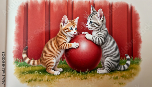 Two playful kittens, one striped and one ginger, interacting with a red ball against a wooden fence